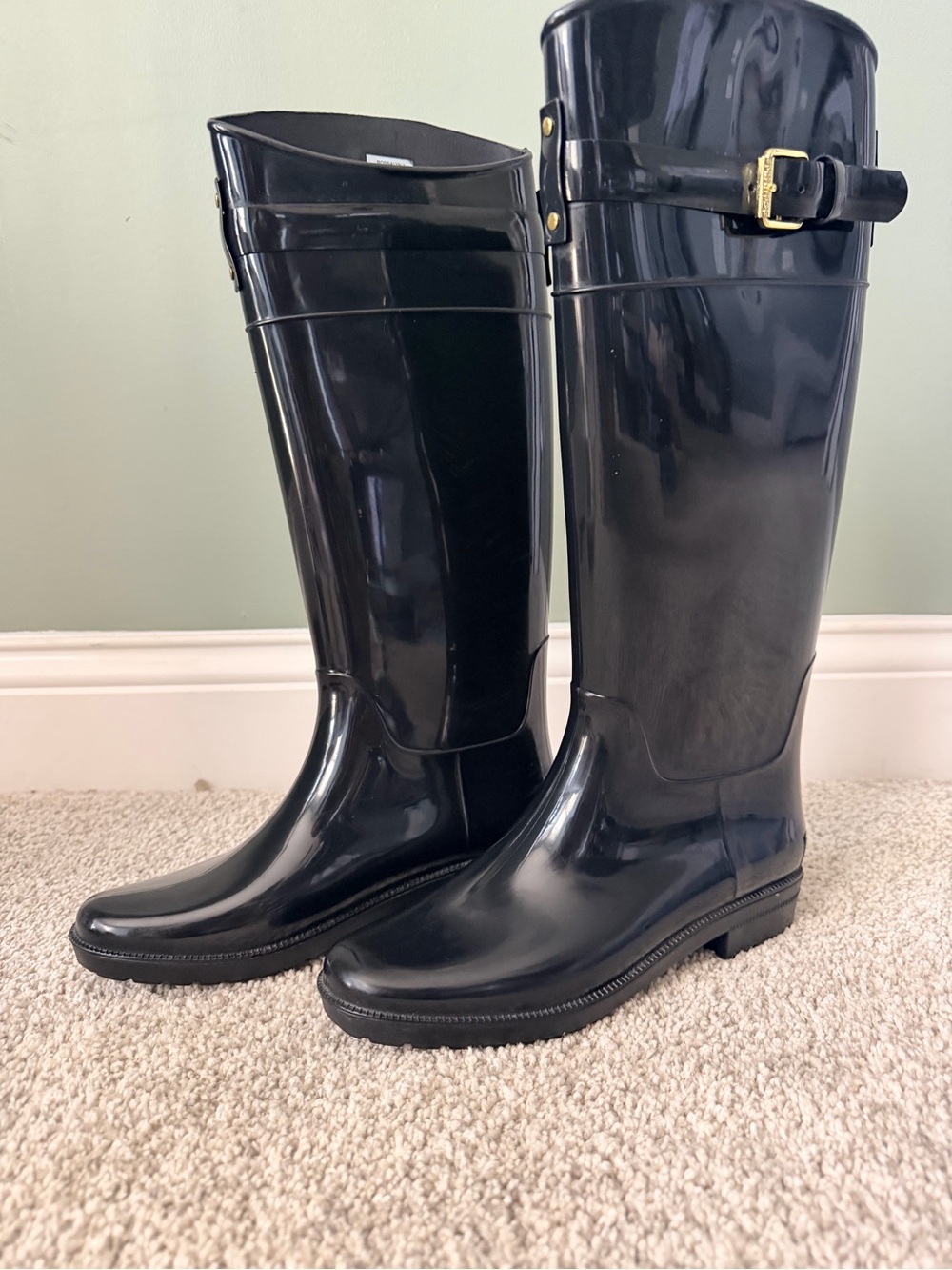 Lauren Ralph Lauren Rossalyn II Black Tall Rain Boots Gold Buckle Size 6B